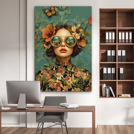 Tableau aluminium 100x150 cm - Décoration murale métal - Femme - Fleurs - Papillons - Nature - Vintage - Décoration murale métal salon - Décoration industrielle - Photo sur dibond - Accessoires industriels chambre