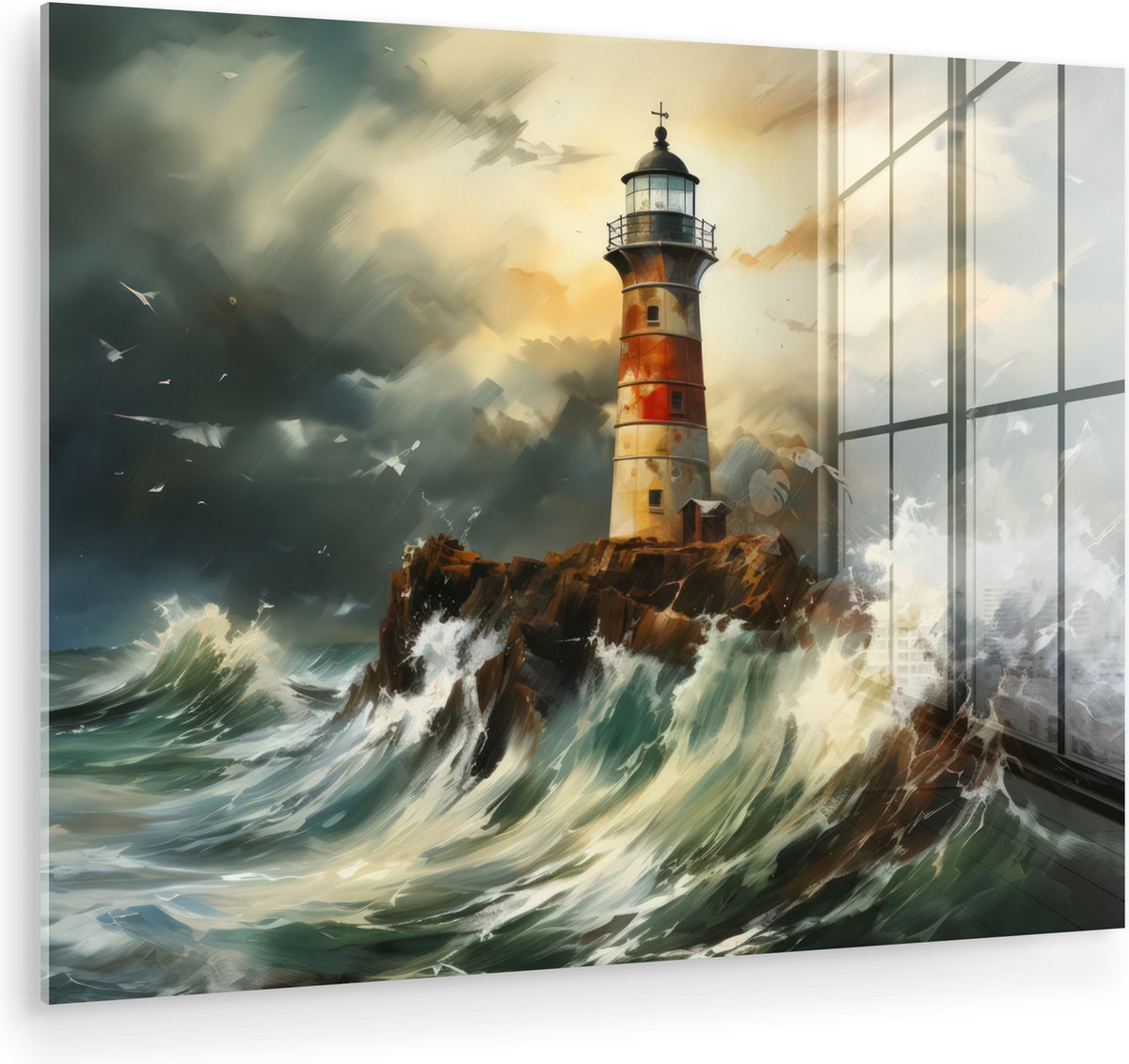 MuchoWow® Glasschilderij 40x30 cm - Schilderij acrylglas - Vuurtoren - Water - Zee - Rots - Olieverf - Foto op glas - Muurdecoratie woonkamer - Wanddecoratie slaapkamer - Schilderijen