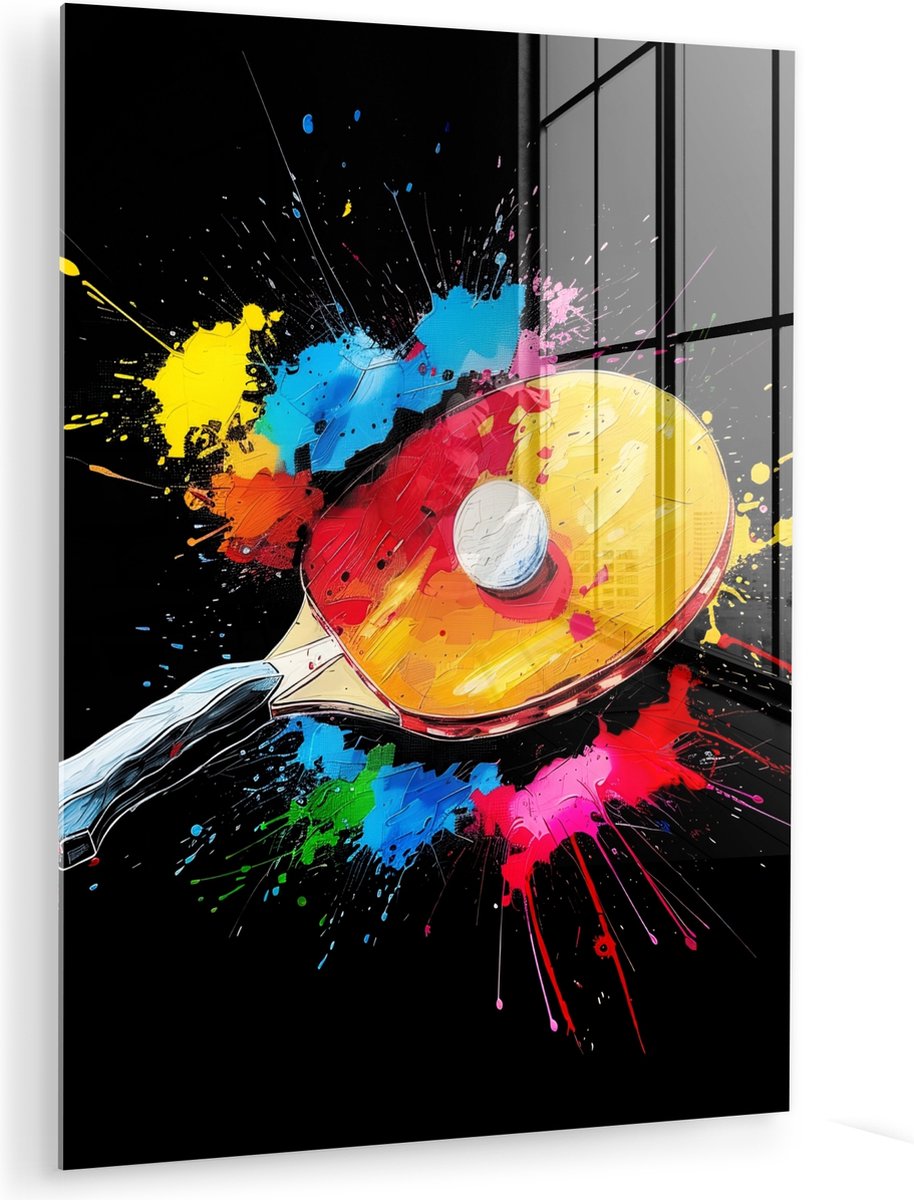 MuchoWow® Glasschilderij 120x160 cm - Schilderij acrylglas - Graffiti - Sport - Tafeltennis - Verf - Foto op glas - Muurdecoratie woonkamer - Wanddecoratie slaapkamer - Schilderijen