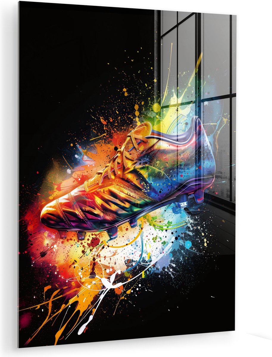 MuchoWow® Glasschilderij 60x80 cm - Schilderij acrylglas - Graffiti - Sport - Voetbal - Schoen - Verf - Foto op glas - Muurdecoratie woonkamer - Wanddecoratie slaapkamer - Schilderijen