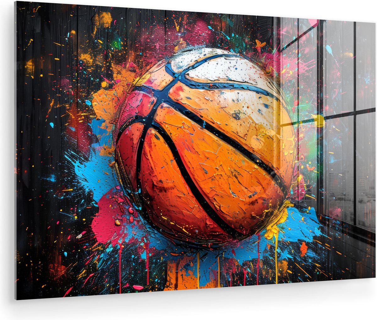 MuchoWow® Glasschilderij 180x120 cm - Schilderij acrylglas - Graffiti - Basketbal - Verf - Sport - Street art - Foto op glas - Muurdecoratie woonkamer - Wanddecoratie slaapkamer - Schilderijen