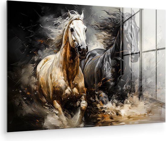 MuchoWow® Peinture sur verre 180x120 cm - Peinture sur verre acrylique - Paarden - Zwart - Wit - Animaux - Photo sur verre - Décoration murale salon - Décoration murale chambre - Peintures