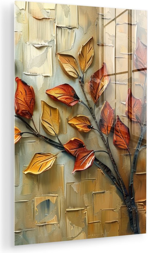 Peinture sur verre texturée avec des feuilles d'automne aux tons chauds.