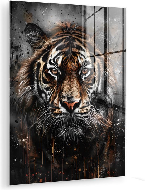 MuchoWow® Glasschilderij 60x80 cm - Schilderij acrylglas - Tijger - Dieren - Portret - Luxe - Zwart - Foto op glas - Muurdecoratie woonkamer - Wanddecoratie slaapkamer - Schilderijen