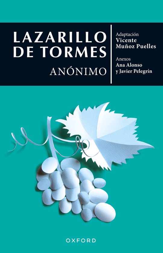 Couverture de livre avec 'Lazarillo de Tormes' et une grappe de raisin en papier avec une feuille.