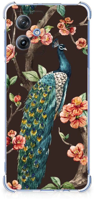 Coque pour smartphone compatible avec Motorola Moto G54 Coque de protection avec bord transparent Paon avec Fleurs