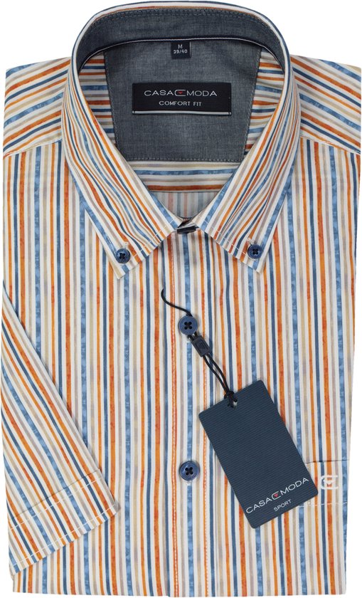 Chemise CASA MODA Sport Comfort Fit - manches courtes - popeline - blanche à rayures bleues - vertes et oranges - Repassage facile - Taille du col : 53 - 54