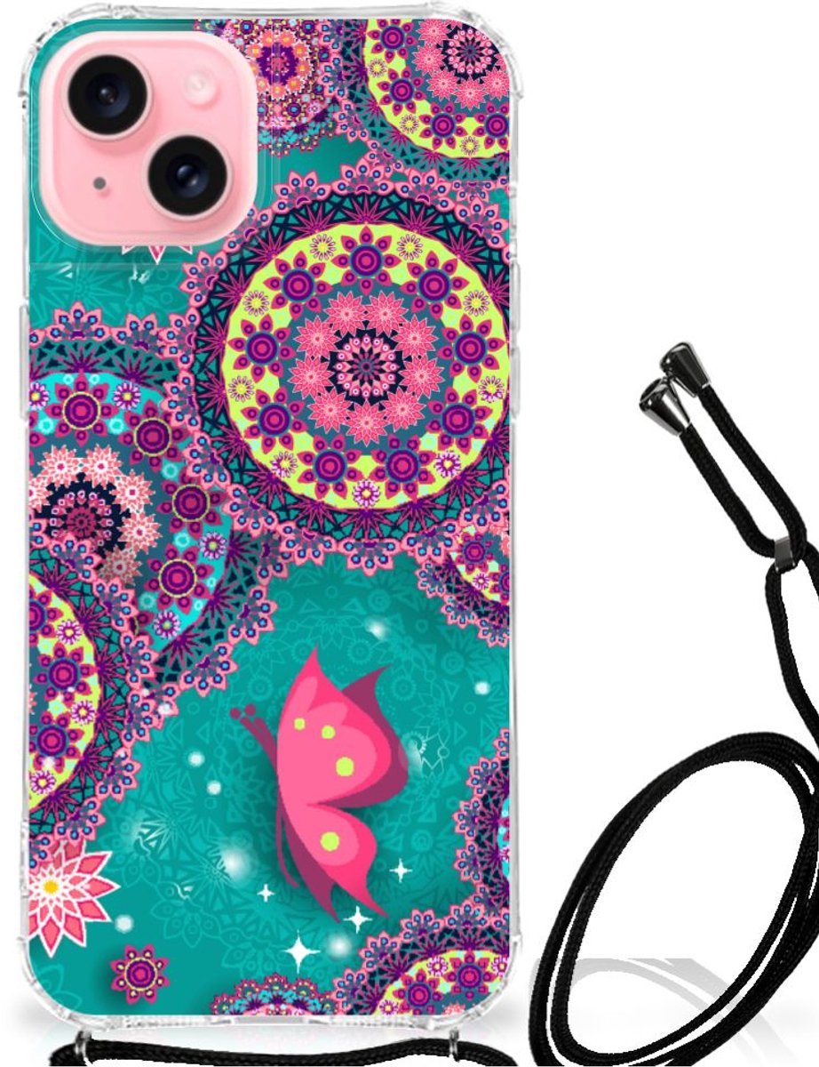 TPU Case Anti-Shock met Koord voor iPhone 15 Plus Back Cover Cirkels en Vlinders