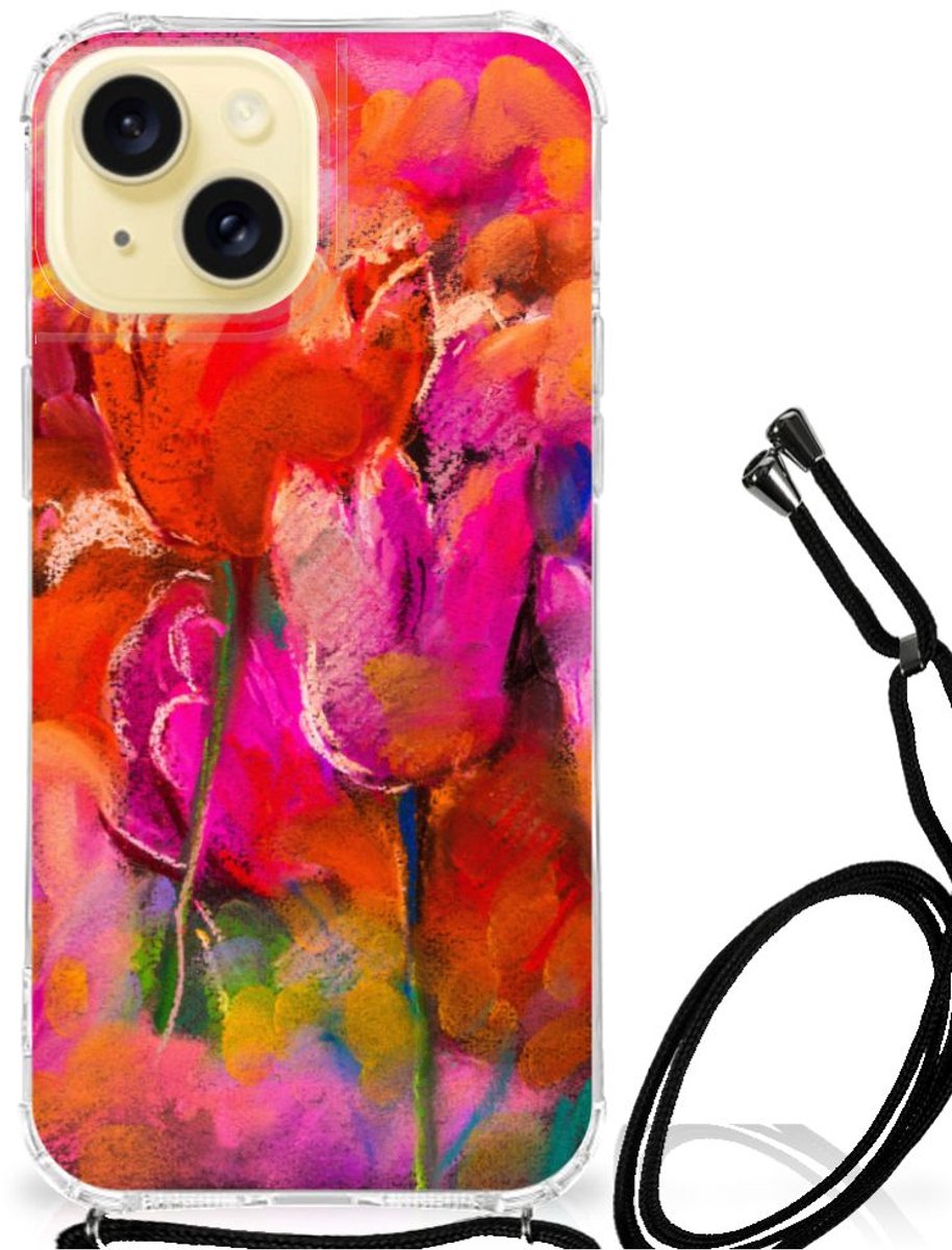 TPU Case Anti-Shock met Koord voor Back Cover Apple iPhone 15 Tulips