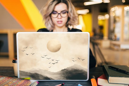 Laptop sticker - 17.3 inch - Landschap - Japandi - vogel - 40x30cm - Laptopstickers - Laptop skin - Cover