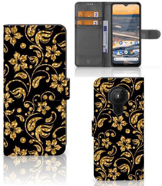 Coque Nokia 5.3 Portefeuille Livre Fleurs D'Or