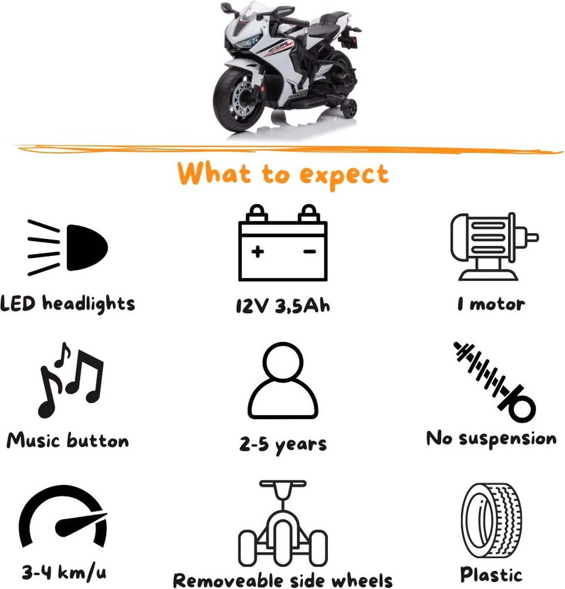 Honda CBR 1000RR Full Option Elektrische Kindermotor 2 tot 5 jaar – Officieel Gelicentieerde Motor met LED-Koplamp & Claxon – Li-ion Kindermotor met Verwijderbare Zijwieltjes & Realistische Geluiden – Wit — afbeelding 2