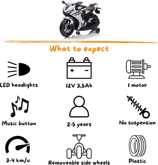 Wit speelgoedmotor met LED-koplampen, muziekknop, 12V 3,5Ah batterij, 1 motor, geen ophanging, 3-4 km/u, verwijderbare zijwieltjes, plastic.