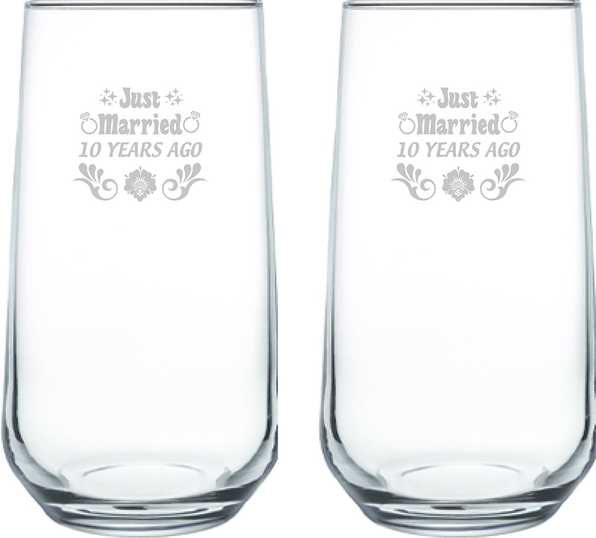 Gegraveerde set drinkglazen 47cl Just Married 10 years ago