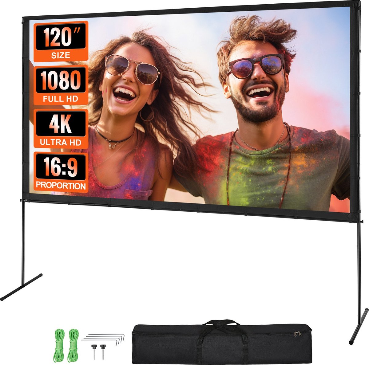 Projectiescherm - Beamerscherm - Met statief - Projectiedoek - Beamer scherm - Opbergtas - 120 inch - 4K - Kijkhoek 106 graden