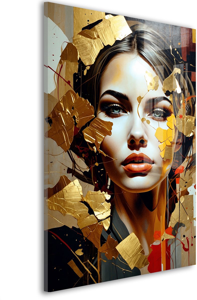 Glasschilderij Gouden scherven schoonheid - 30 x 20 cm - Vrouw - Portretten - Acrylaat - Inclusief wandbevestiging - Foto op plexiglas - Wanddecoratie woonkamer