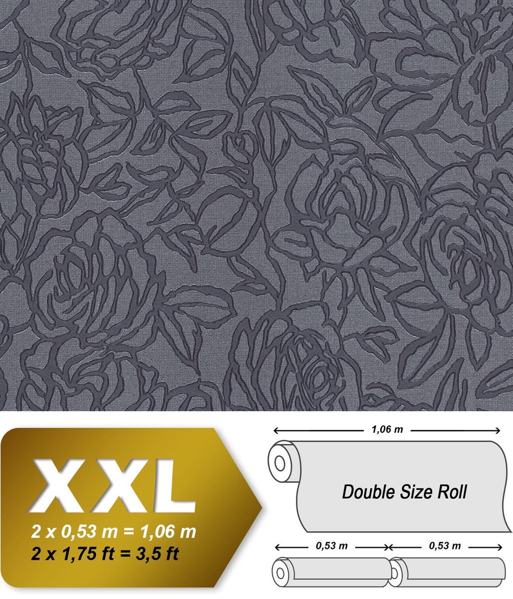Bloemen behang EDEM 9040-27 vliesbehang hardvinyl warmdruk in reliëf gestempeld met bloemmotief glimmend antraciet grijs 10,65 m2