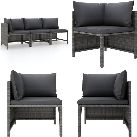 vidaXL Ensemble de salon 3 pièces avec coussins Polyrotin Gris - Ensemble de salon - Ensembles lounge - Set de salon - Ensembles de salon