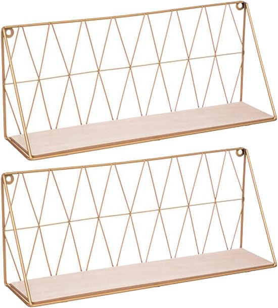 Twee gouden wandplanken met houten bodem en ruitvormig draadframe achterwand.