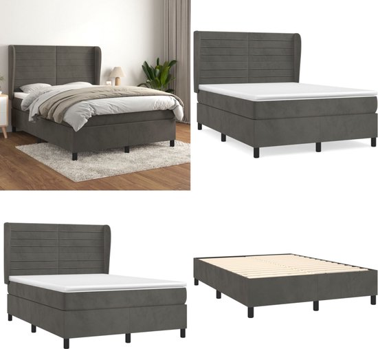 vidaXL Boxspring avec matelas Velours Gris foncé 140x200 cm - Boxspring - Sommiers - Lit - Meubles de couchage
