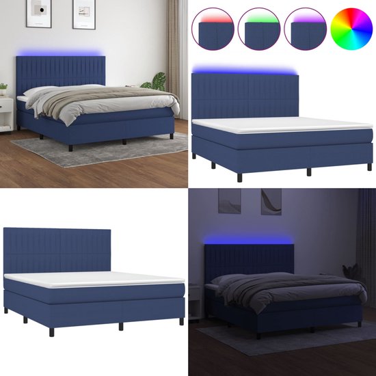 vidaXL Boxspring avec matelas et tissu LED Bleu 180x200 cm - Boxspring - Sommiers - Lit - Meubles de couchage