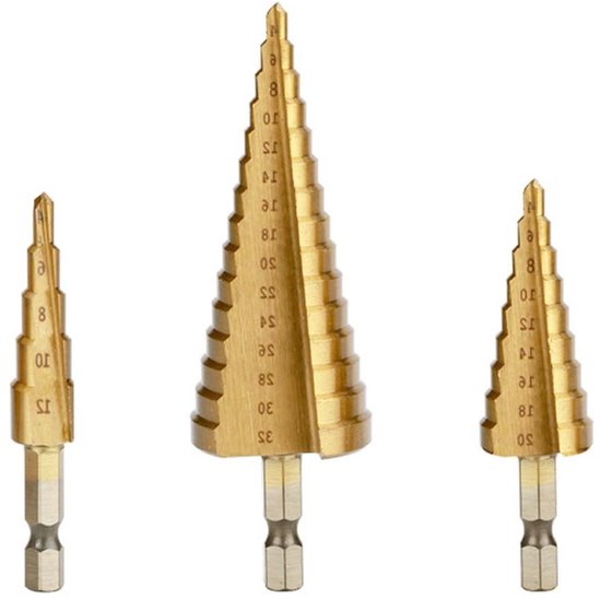 Stappenboor Of Trappenboor - 3 Universele Stappen- Of Trappenboren  Diameter 4-32 Mm  Met Rechte Of Verticale Groeven En Inclusief Tasje
