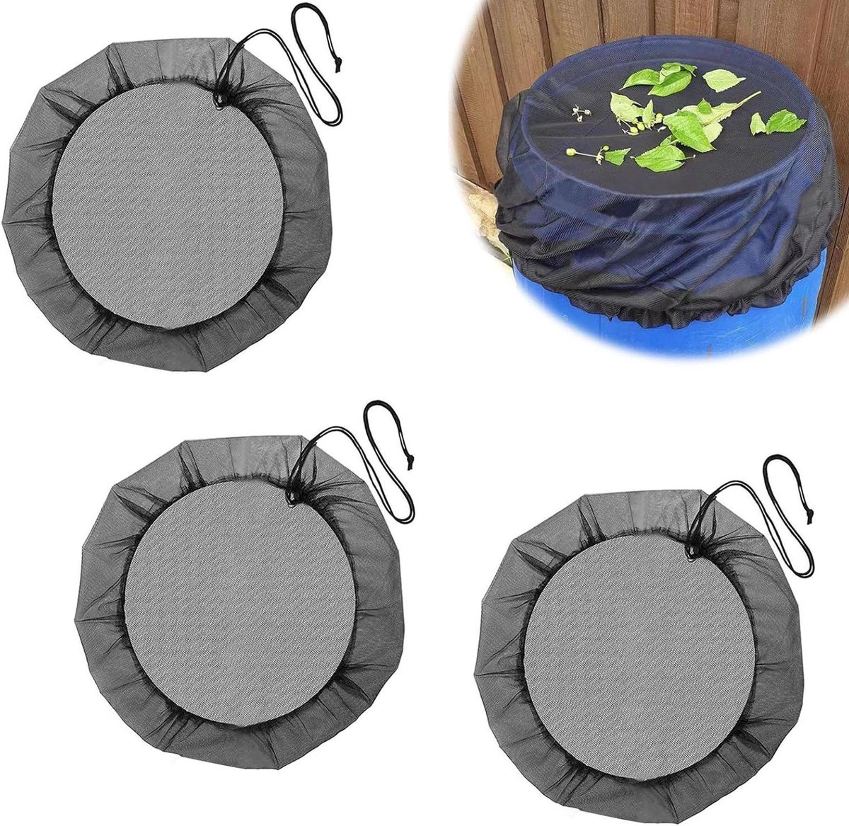 Zwarte regentonnet - beschermingsnet - 3 stuks - polyester - 60 cm