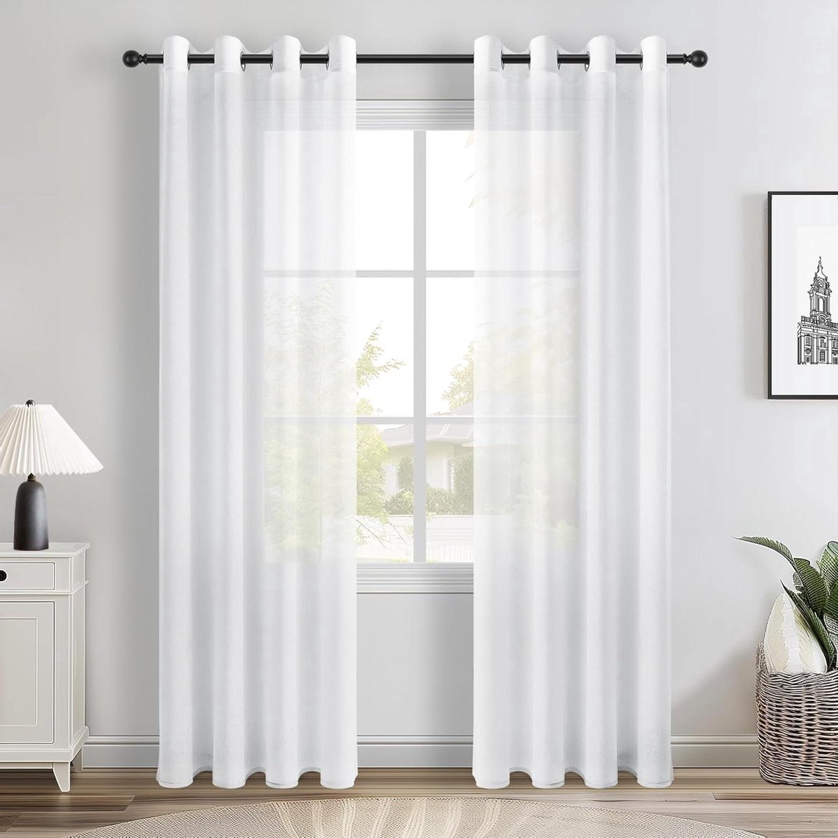 Set van 2 vitrages met linneneffect - halftransparant gordijn - 140 x 240 cm