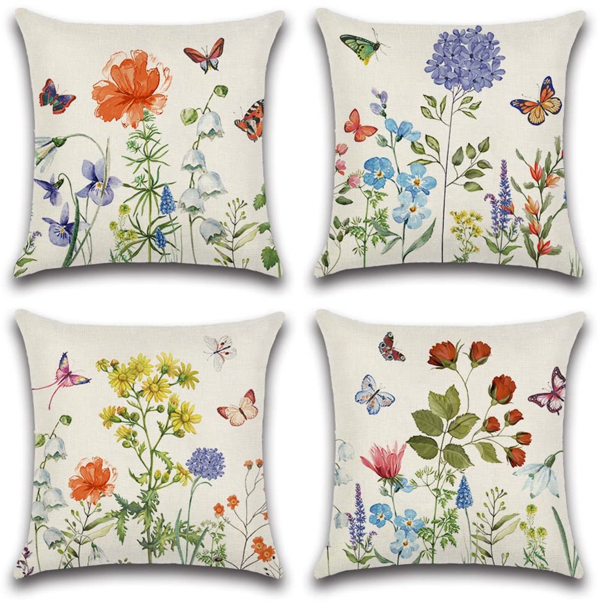 My Ninki ® Tijdloze Set van 4 Waterafstotende Kussenhoezen met Bloemen- en Vlinderontwerp voor Buitenruimtes