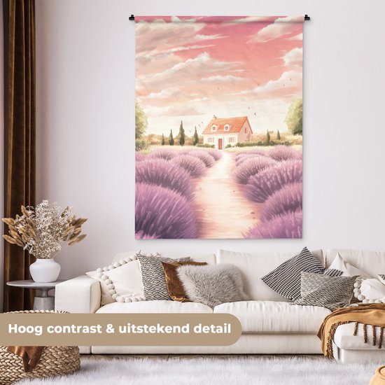 Tenture murale 120x160 cm - Toile murale Champ de lavande - Maison - Violet - Tapisserie - Tentures murales
