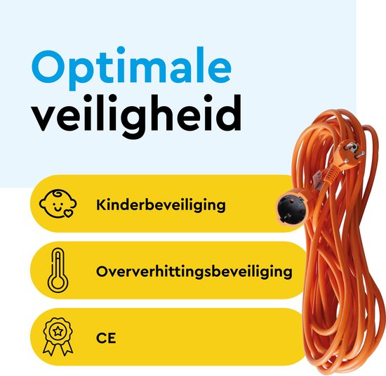Oranje verlengsnoer met stekker en contactdoos. Tekst: Optimale veiligheid. Kinderbeveiliging. Oververhittingsbeveiliging. CE.