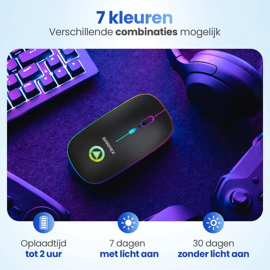 Garpex® Stille Draadloze Muis - Gaming muis - Computermuis - Muis Draadloos - Met LED Verlichting - Oplaadbaar - Zwart