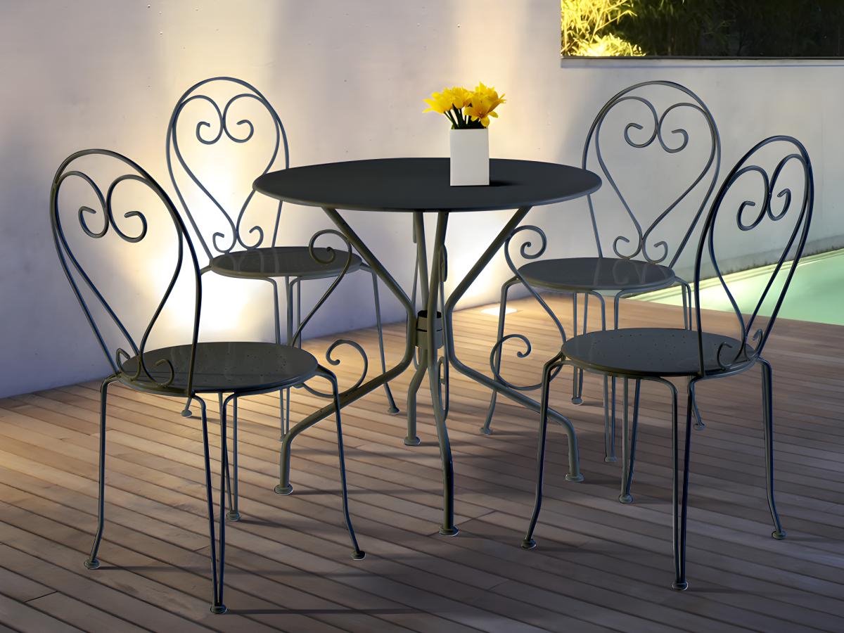 MYLIA Metalen tuineetset met smeedijzer aspect : een tafel en 4 stoelen - antraciet - GUERMANTES L 80 cm x H 90 cm x D 80 cm