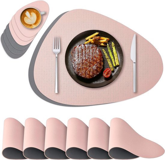 Placemats en Onderzetters Sets van 6, Ronde PU Lederen Tafelmatten Dubbelezijdige Plaatsmatten Warmtebestendige Waterdichte Wasbare Anti-slip Placemats (Grijs Donkergrijs