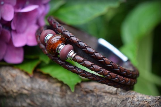 Urn-Crematie-as heren lederen armband-Handgemaakt!-Sieraad wordt voor u op maat gemaakt!- Bruin Lederen heren armband met crematie-as verwerkt in bedel van glas- crematie-as glas bedel-gekernd-Herinneringsarmband-Assieraad-Heren sieraad-As armband