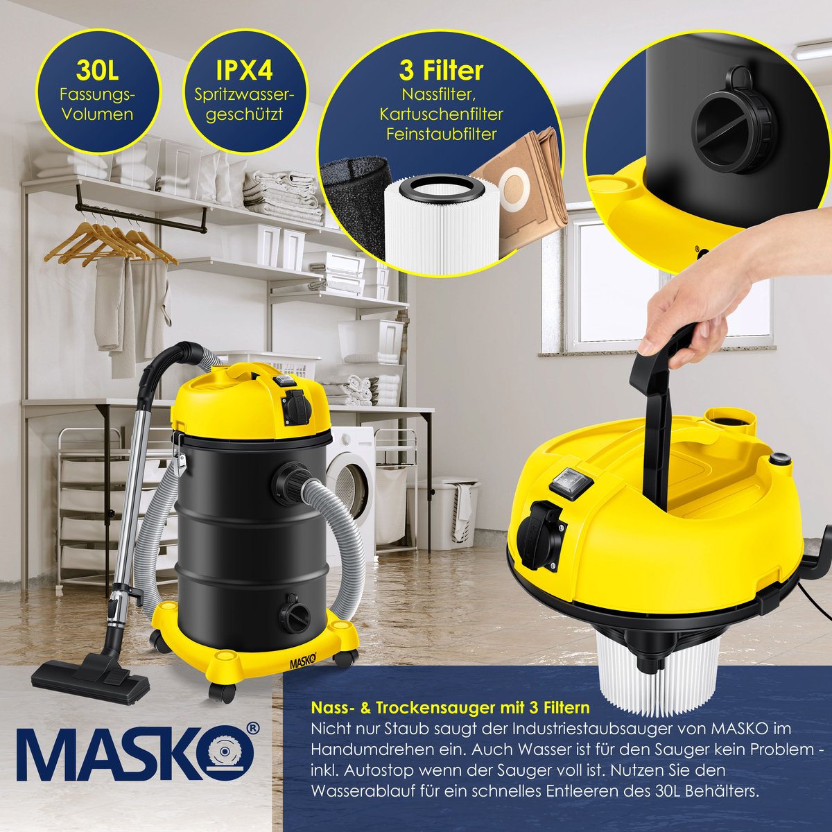 MASKO® Alleszuiger 6IN1 Nat- en Droogzuiger 2300W + stopcontact, Blaasfunctie, Droog- & natzuigen | Industriële stofzuiger vuilreservoir 30L Bouwstofzuiger - Geel – foto 3