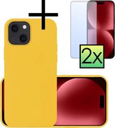 Hoes Geschikt voor iPhone 15 Plus Hoesje Cover Siliconen Back Case Hoes Met 2x Screenprotector - Geel