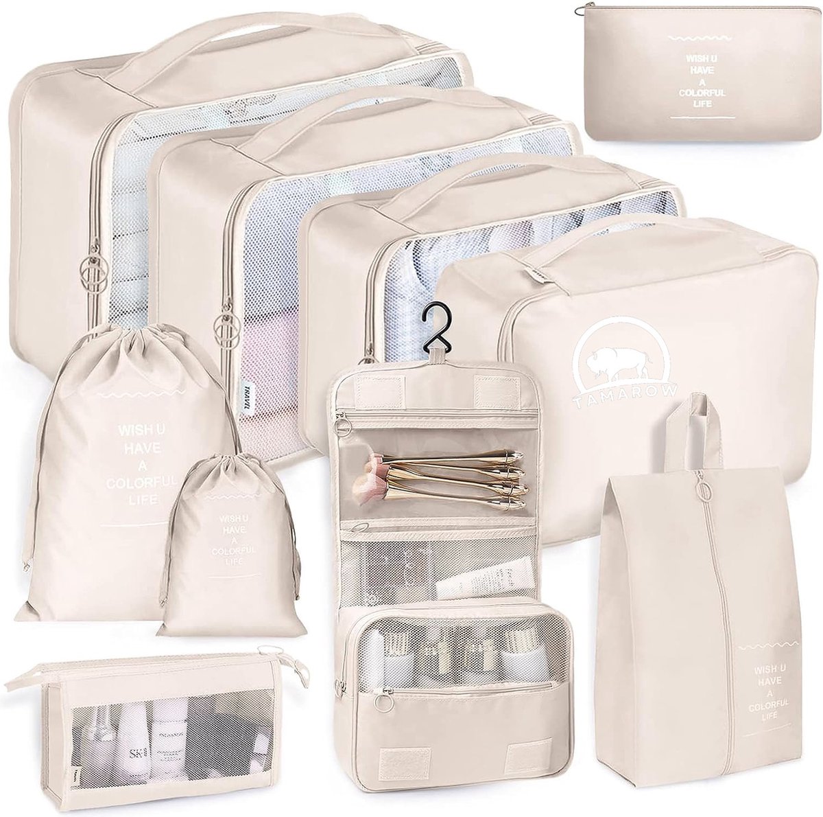 Tamarow Packing Cubes Set 10 Delig - Bagage Organizers - Travel Backpack Organizer - Kleding Organizer - Beige
