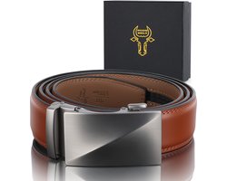 RodeBelt Lederen Heren Riemen automatische gesp - bruin - cognac Verstelbare Riem zonder Gaatjes 130cm zilver