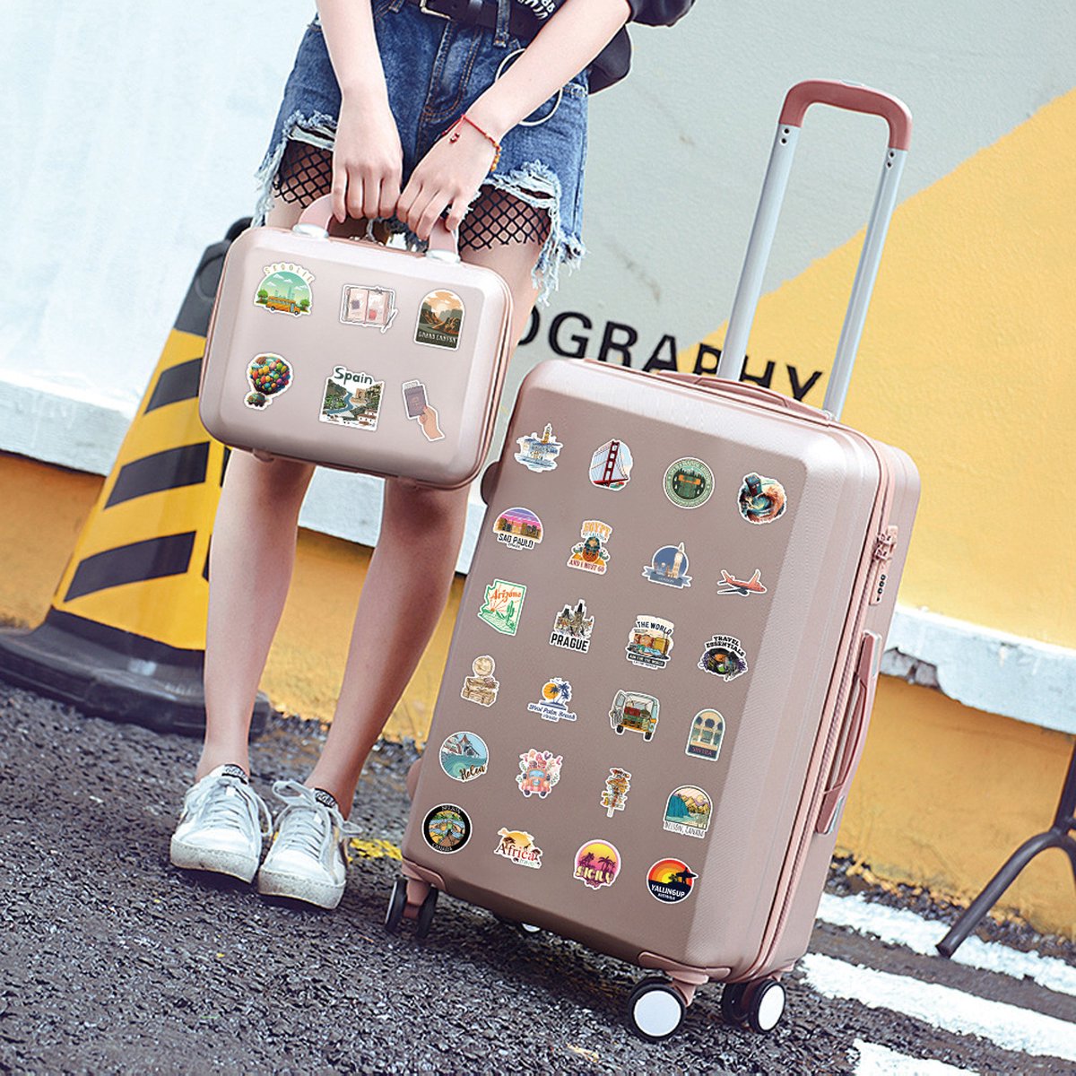 50 Autocollants Imperméables Motifs Voyage - Stickers Valise, Globetrotter, PVC, Pack En Vrac Décoratif - 7