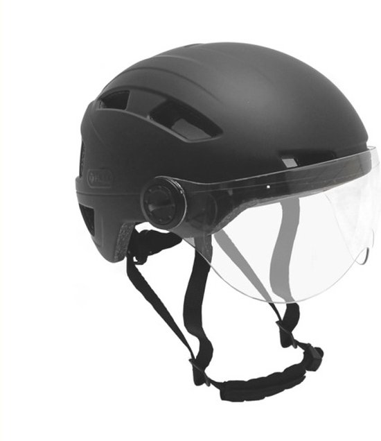 Zwarte Falkx fietshelm met vizier, NTA 8776, verstelbare bandjes.