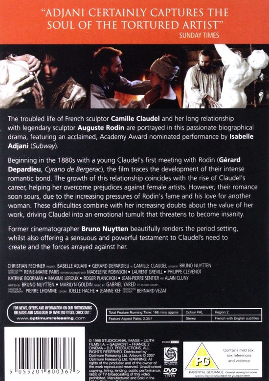 DVD hoes met de titel "ADJANI CERTAINLY CAPTURES THE SOUL OF THE TORTURED ARTIST" en een foto van sculpturen en acteurs.