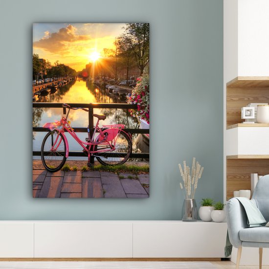 Peinture sur toile Amsterdam - Canal - Coucher de soleil - Fleurs - Vélo - 80x120 cm - Décoration murale
