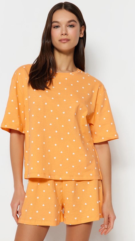 Trendyol Standaard mouw Ronde hals Oranje 100% katoenen T-shirt-short en gebreide pyjama met hartmotief THMSS21PT1485