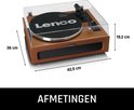 Afmetingen bruine platenspeler: breedte 42,5 cm, diepte 36 cm, hoogte 19,2 cm.