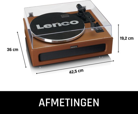 Afmetingen bruine platenspeler: breedte 42,5 cm, diepte 36 cm, hoogte 19,2 cm.