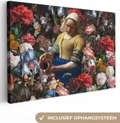 Canvas Schilderij Melkmeisje - Johannes Vermeer - Bloemen - Kleuren - 90x60 cm - Wanddecoratie