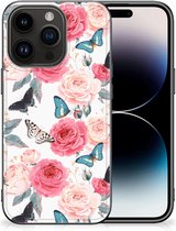 Telefoontas Geschikt voor iPhone 15 Pro Smartphone Hoesje met Zwarte rand Butterfly Roses