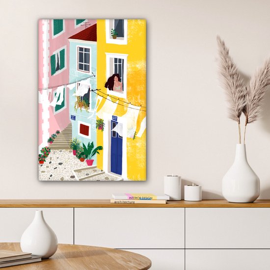 Tableau toile Rue - Wax - Jaune - Femme - 60x90 cm - Décoration murale