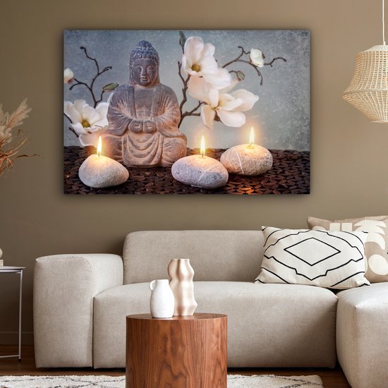 Peintures sur toile Bouddha - Bougies - Grijs - 120x80 cm - Décoration murale